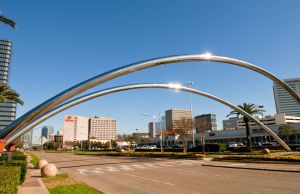 Skyline Of Houston Texas From Modern Chrome Curved Bars On Post Oak Blvd Showing New Building.
